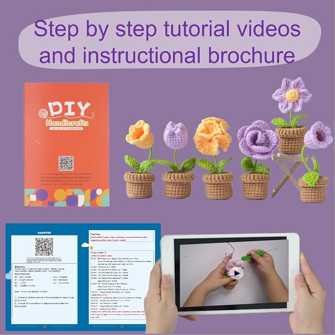 Crochet Set - Beginner Friendly Crochet Set with Step-by-Step Teaching Videos and Crochet Pattern Manuals (Purple Small Potted Plant)