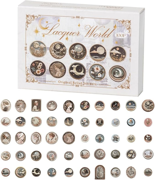 Doukado 100 PCS Aesthetic Relief Fire Lacquer Stamp Sticker, Vintage Original Decorative Envelope Seal Stickers for Junk Journaling, Scrapbooking, Crafting, DIY Projects, Diaries, and Art Supplies