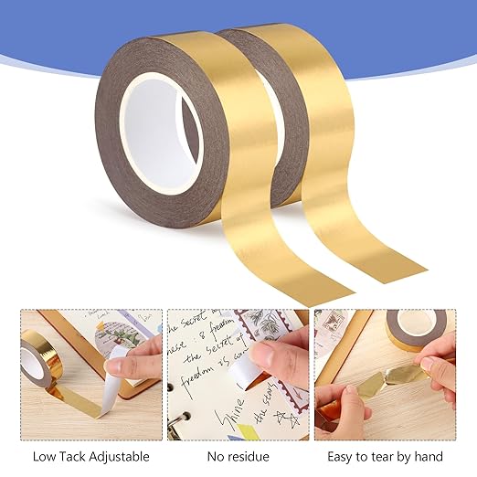 2 Rolls Gold Washi Tape 0.59In × 130Ft (Total 40m) Low Tack Solid Foil Gold Tape, Shiny Metallic Decorative Tape for Wall Mirror Decor Crafts Christmas Gift Wrapping