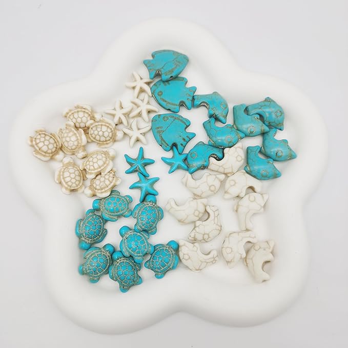 Julie Wang 55PCS Man-made Turquoise Beads Blue White Starfish Turtle Dolphin Fish Ocean Charms for Jewelry Making Summer Beach Beads Sea Pendants Necklace Earring Bracelet Craft DIY Supplies