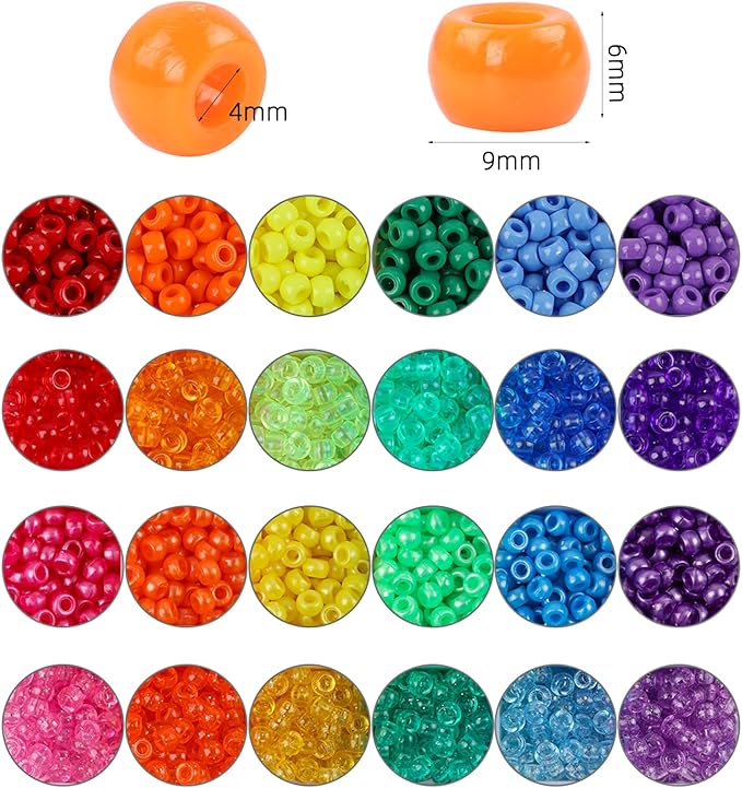 Quefe 2880pcs Pony Beads Kit, Kandi Beads for Hair, Rainbow Beads Plastic Bead for Craft 6 x 9mm 24 Colors 4 Styles Large Hole Beads Set for Bracelets Jewelry Making