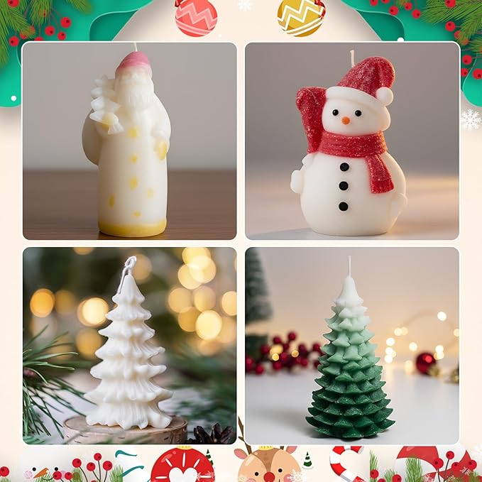 LemonRoad 10 Pcs Christmas Candle Mold Set Candle Silicone Molds Christmas Trees Santa Claus Xmas Hat Snowman Pine Shaped for Resin Soap Craft Cake Chocolate Making Kit Holiday Gift Decoration