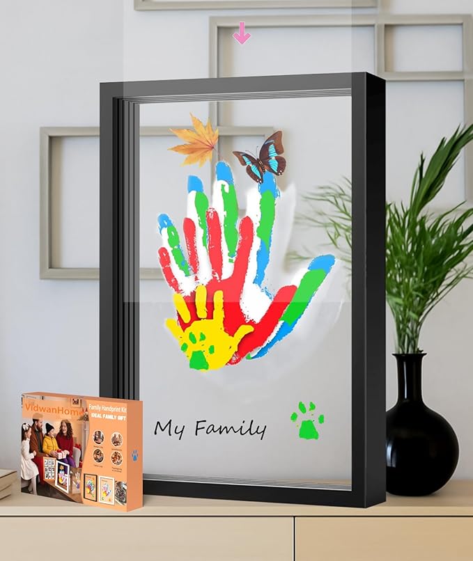 black family handprint kit for 4 – wooden frame with 4 clear acrylic boards, diy handprint keepsake for baby, pet, mom, grandparents, hand mold art set with non-toxic washable paint (black)