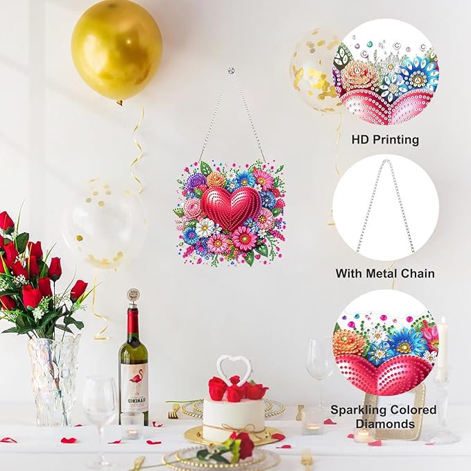 Valentine's Day Diamond Art Hanging Ornaments Kits for Adults, Heart Flower Diamond Painting Pendant Kits, DIY Acrylic 5D Special Shaped Crystal Gem Art Painting Ornament for Home Wall Decor Gift