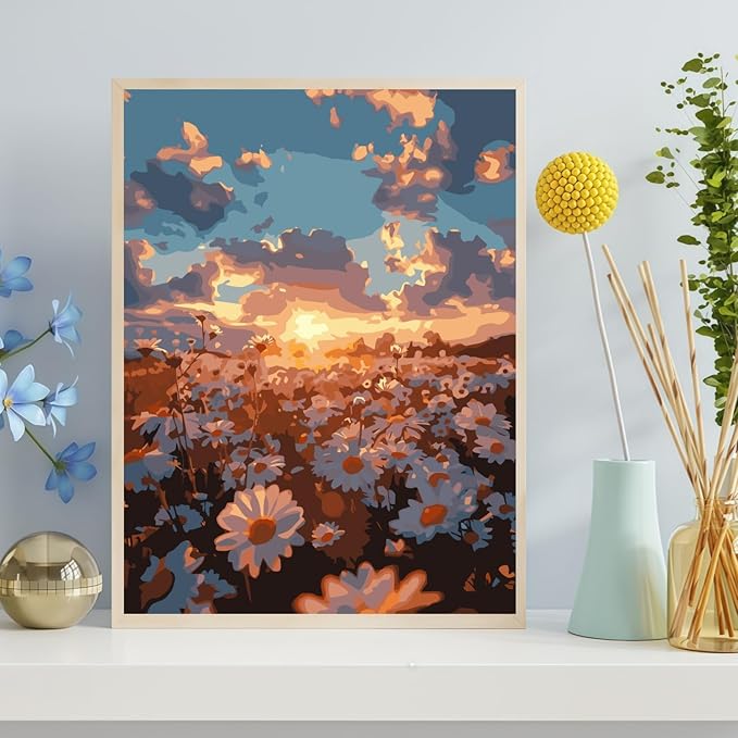 CHWGLFGG Paint by Numbers Kit for Adults Beginner, Daisy Sunset Landscape Adult Paint by Number Kits on Canvas, DIY Acrylic Oil Easy Painting by Numbers for Home Wall Decor 12X16 inch (Without Frame)