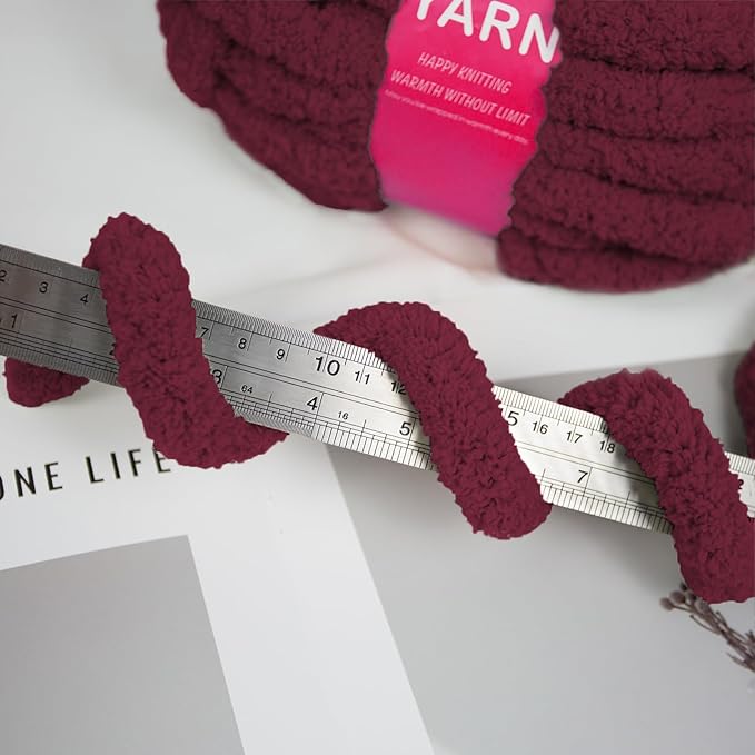 Chunky Yarn for Hand Knitting and Blankets – Super Soft Jumbo Chenille Yarn Pack for Crocheting, Bulky DIY Projects, 8 Skeins(Wine Red)