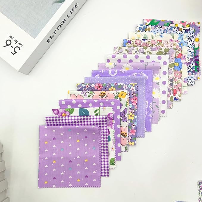 22Pcs 10" Purple Cotton Fabric Squares No Repeat Floral Charm Pack,Precut Quilt Fabric with Wavy Edges,Sewing Craft Swatches