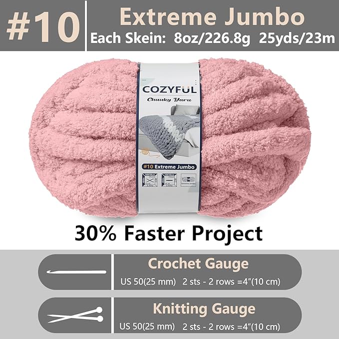 Chunky Yarn for Hand Knitting - #10 Chunky Chenille Yarn, Jumbo Big Thick Chunky Yarns for Crocheting, Super Bulky Chunky Knit Blanket Yarns, 8 Skein (25 yds 8 oz Each Skein), Dusty Pink