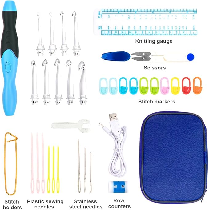 Vidillo Crochet Hooks Lights Set with Case, Ergonomic Rechargeable Lighted Hooks,9 Interchangeable Heads Hooks with a Crochet Hooks Case, Knitting Knit Needles Weave Yarn Sewing DIY Craft (Blue)
