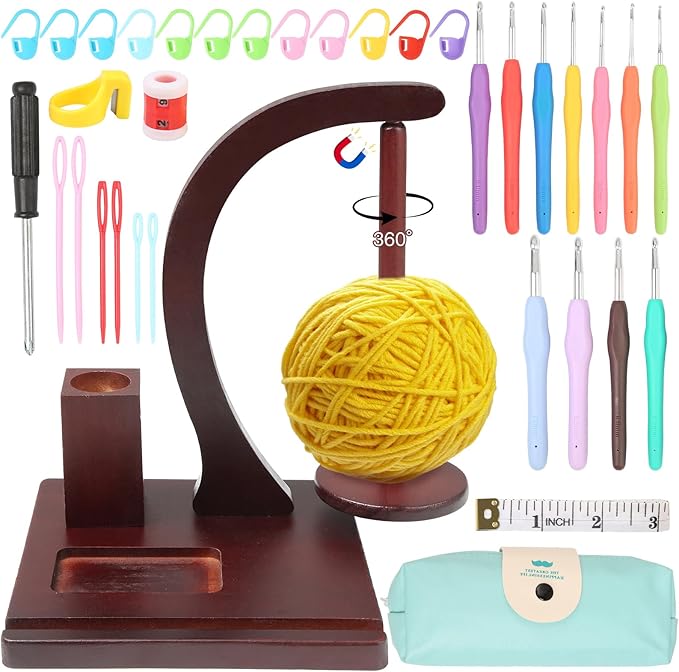 Magnetic Yarn Holder for Knitting and Crocheting,Wooden Crochet Yarn Holder,Crochet Yarn Holder with Crochet Hooks Knitting Tools for Knitting Lovers