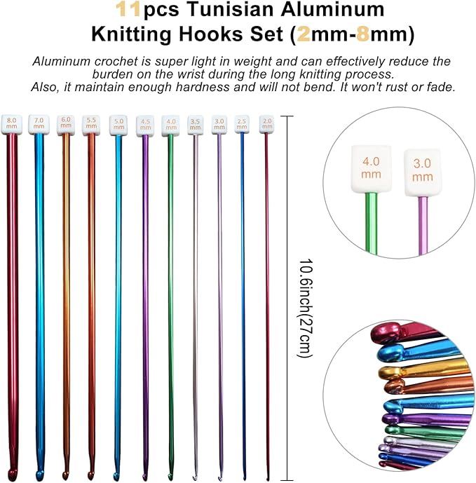 Tunisian Crochet Hooks Set with Case: 24pcs Tunisian Crochet Bamboo Hooks Set with Cable Afghan Aluminum Hooks Metal Crochet Yarn Extra Long Needles Knitting Tools Supplies
