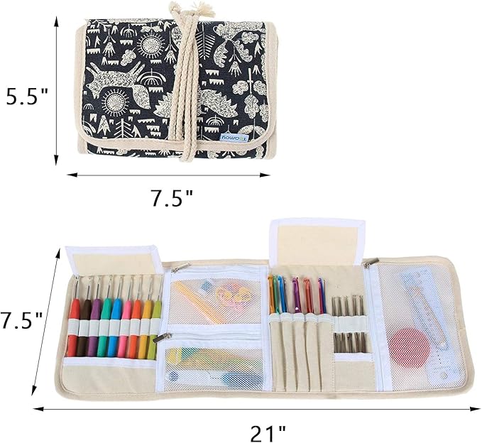 Teamoy Crochet Hook Case, Roll Bag Holder Organizer for Various Crochet Needles and Knitting Accessories, Compact and All-in-place, Animal World