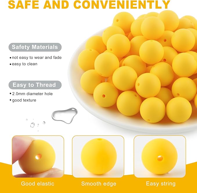65Pcs 19mm Silicone Beads for Keychain Making Bracelet Necklace, Bulk Round Silicone Beads for Pens（Yellow）