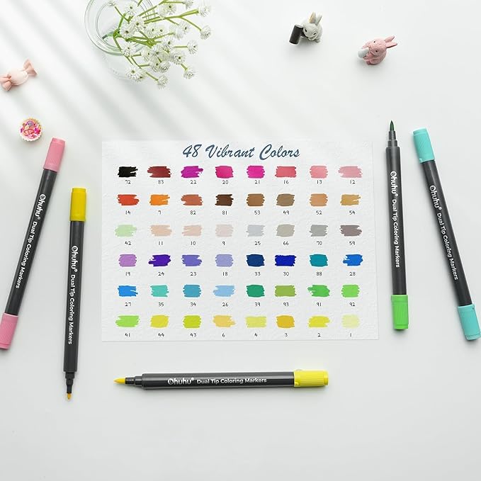 Ohuhu Markers Brush Tip 48-colors with 36-sheet Coloring Book - Double Tipped Markers for Adults Coloring Books - Art Marker Set Bundles with 100% Bleed-proof Pages - Fine & Brush Dual Tips