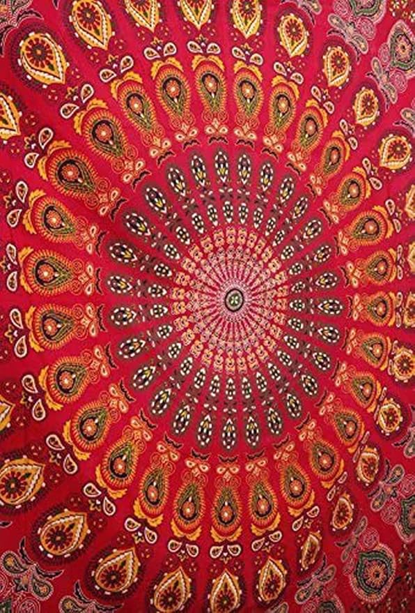 bless international handmade indian hippie bohemian psychedelic peacock mandala wall hanging college dorm beach throws table cloth bedding tapestry (golden red, king(88x104inches)(225x265cms))