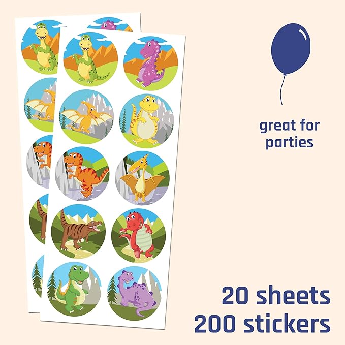 dinosaur stickers for kids, 1.5" - 20 sheets, 200 stickers