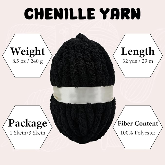 Chunky Yarn for Hand Knitting, Jumbo Chunky Yarn for Crocheting, Chunky Chenille Yarn, 1 Pack (32 yds 8.5 oz Each Skein),#7, Black