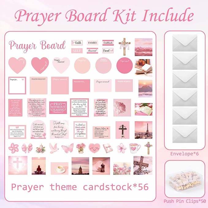 Prayer Board Stickers Supplies - 162 Pcs Prayer Board Kit with Pins Envelope Bible Verse Quotes Cards, Motivational Scrapbook Stickers for Women, Bible Study Supplies (Not Cork Board)