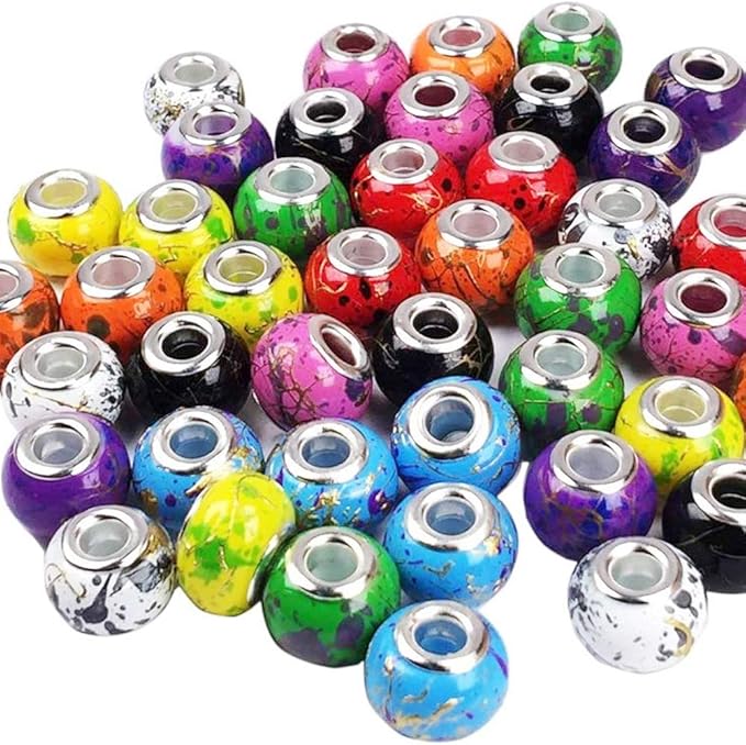 AIPRIDY 100Pcs 15x11mm Painting Murano Large Hole Glass Beads Mix Color with Silver Brass Cores European Charm fit Bracelet Necklace (Golden line)