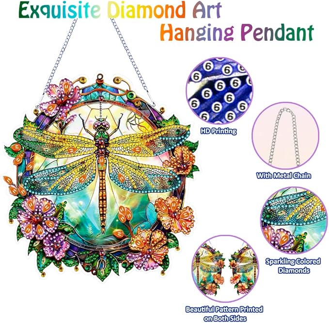 Koikify Diamond Painting Kits Hanging Pendant, Dragonfly Special Shaped Crystal Diamond Art Double-Sided Printed Window Ornament, DIY Wall Art Hanging Sign for Crafts and Home Decor