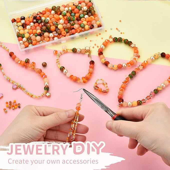 Rired 27 Glass Beads for Bracelet Making Kit, 900pcs Orange Crystal Beads Set, Craft Beads Include Assorted 8mm Round/Bicone/Seed and Shaped Star Beads for Jewelry Making