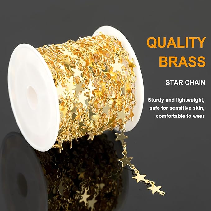 KYUNHOO 16.4 Feet Gold Chains for Jewelry Making Flat Star Link Chain for Necklace Ankle Brass Jewelry Chain Spool Gold Chain Bulk with Lobster Clasps and Jump Rings