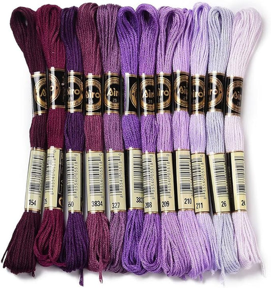 12 Skeins 105 Yards Gradient Purple Polyester Embroidery Floss Cross Stitch Threads Colorful Friendship Bracelets Craft Needlepoint Yarn for Sewing Making DIY Birthday Wedding Stitching