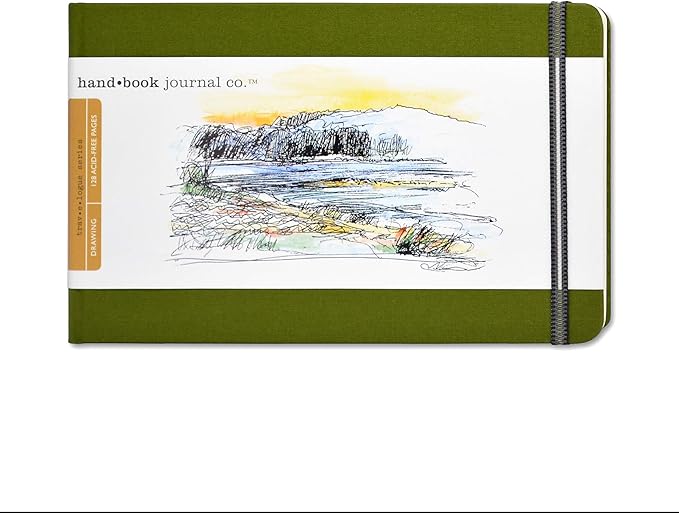 Handbook Journal Co. Sketch Book - Large Landscape 5.5 x 8.25 in Cadmium Green European Linen-Bound Hard Cover, 128 Pages (64 Sheets) of 130 GSM Acid-Free Art Drawing Paper, Pocket and Elastic Closure