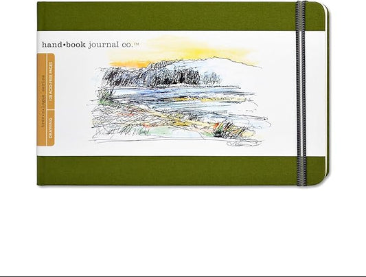 Handbook Journal Co. Sketch Book - Large Landscape 5.5 x 8.25 in Cadmium Green European Linen-Bound Hard Cover, 128 Pages (64 Sheets) of 130 GSM Acid-Free Art Drawing Paper, Pocket and Elastic Closure