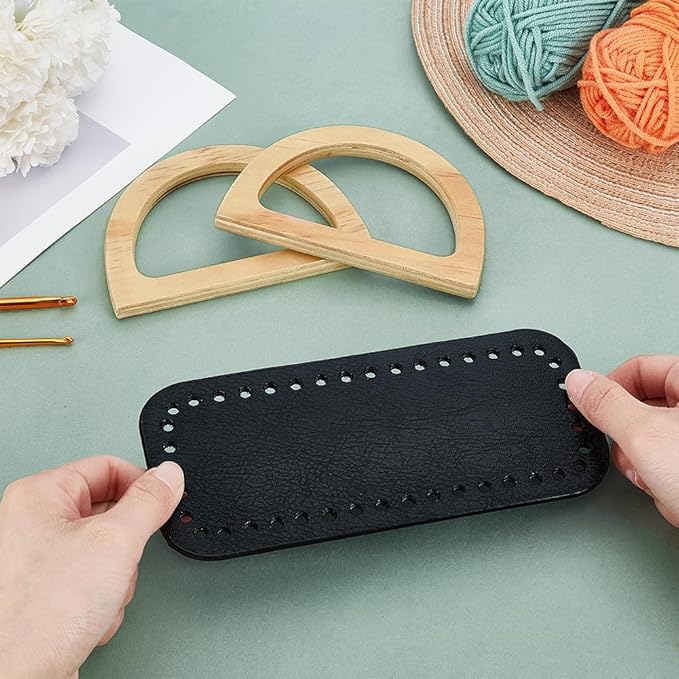 PH PandaHall Crochet Bag Making Kit, 7x3 inch PU Leather Bag Bottom Black Cushion Pad with 2pcs 4.7x3.3 inch D Shape Wooden Purse Handles for DIY Knitting Bags Handbag Shoulder Bags Making