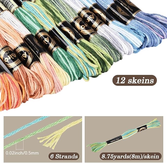 12 Skeins 105 Yards Cross Stitch Floss Variegated Friendship Bracelet String 6 Ply Polyester Colorful Gradient Embroidery Thread for Sewing Making Needlecraft Knitting Clothes Stitching DIY
