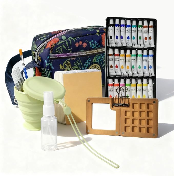 Mini Watercolor Kit Travel Set Pocket Watercolor Set with Wooden 15-Grid Palette, Crossbody Bag, 24 Colors Paint, 3 Brushes, Copper Clip & Sketchbook for Travel Painting