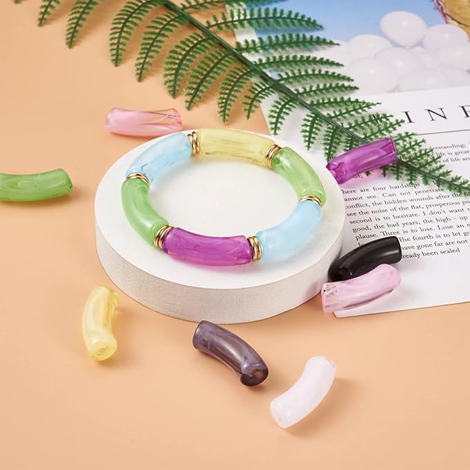 90Pcs Acrylic Chunky Tube Beads with Flat Round Brass Disc Spacer Beads & Elastic Crystal Thread, Imitation Gemstone Curved Tube Beads for Bamboo Bangles Bracelet Jewelry Making