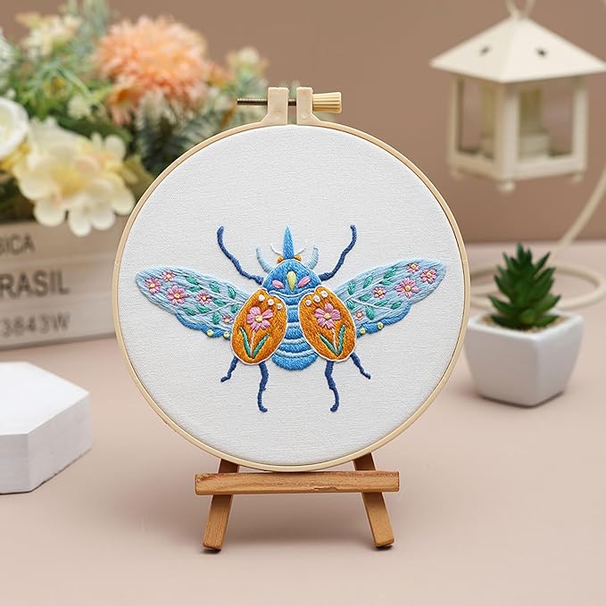 Louise Maelys 3 Sets Beetle Embroidery Kits for Beginners,Cross Stitch Kit for Adults,DIY Needlepoint for Starters Including Flowers Pattern, Hoop,Instruction and Threads