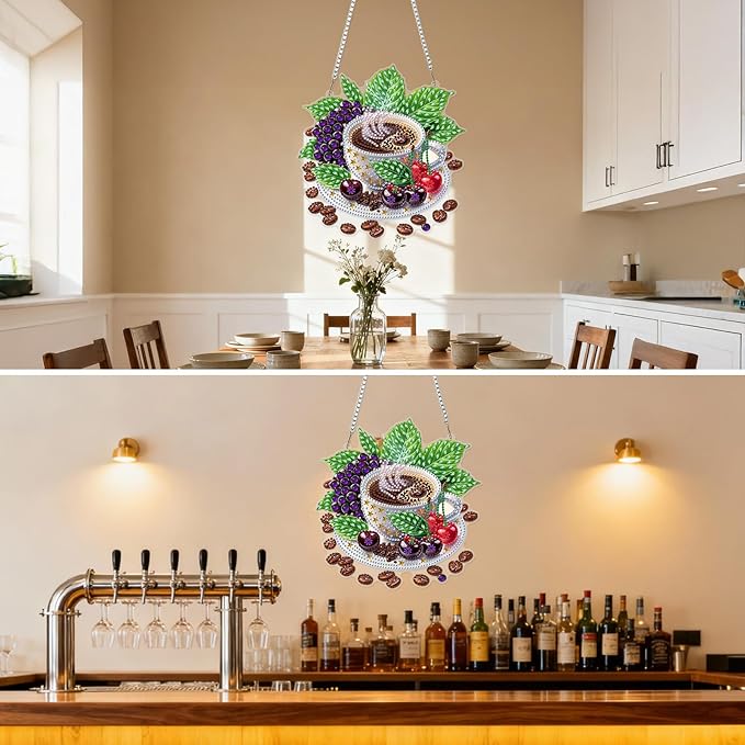 MXJSUA Fruit Coffee Diamond Painting Art Window Suncatchers, Diamond Art Kits for Adults Hanging Ornaments with Chain, 5D Special Shape Crystal Diamond Pendant Accessories for Decor Gift 8x8 Inch
