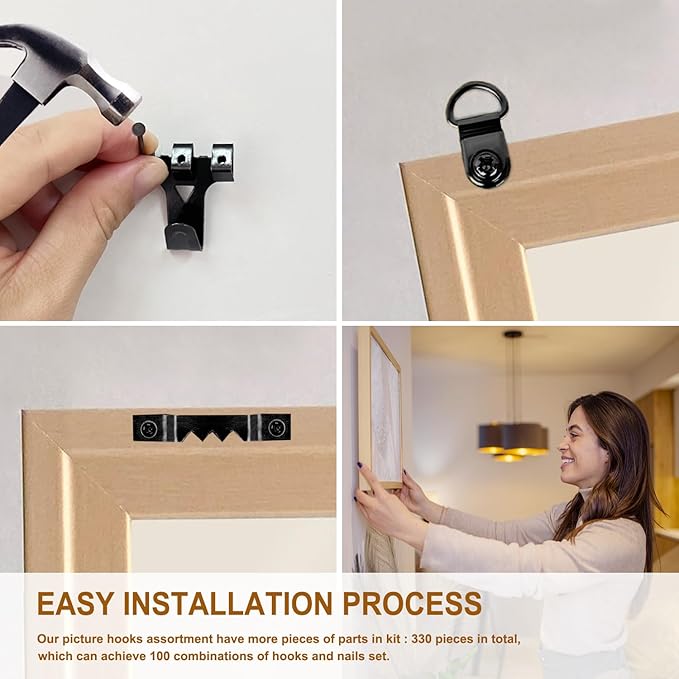 Picture Hanging Kit, 330pcs Picture Hangers, Wall Hangers, Nails for Hanging Pictures, Wall Hanging Kit, Hanging Wire, Screw Eyes, D Ring and Picture Hanging Tool for Frame Canvas Mounting