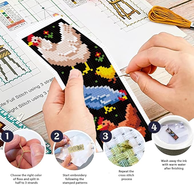 ORIGACH 6 Set Chicken Cross Stitch Bookmark Kit for Beginner with Backing Felt Floss Instructions DIY Stamped Embroidery Bookmark Kit for Adults, Book Lovers