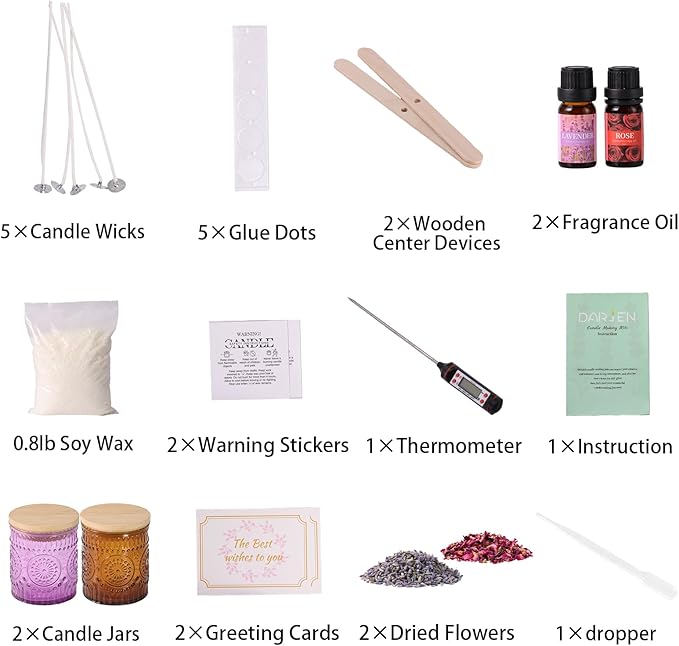 DARJEN Candle Making Kits for Adults- Soy Candle Making Supplies with 2 Candle Jars(Purple, Amber), Wax, Scents, Card & More, DIY Starter Candle Making Kit, Full Set DIY Arts & Crafts Gift