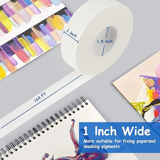 Artist Tape, White Art Tape for Watercolor Paper, Medium Tack Masking Drafting Tape for Painting Canvas Framing, Acid-Free, 1in 164FT Long
