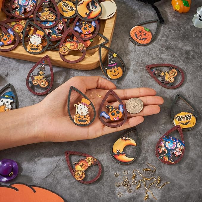 40pcs Halloween Teardrop Wooden Earring Charms Big Hollow Wood Cutouts with Pumpkin & Ghost & Bat & Spider Printed for Necklace Keychain DIY Jewelry Craft Making