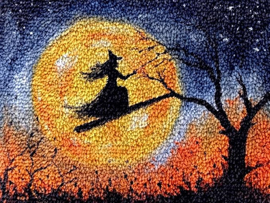Generic Halloween Flying Witch Latch Hook Kits Rug DIY Cushion Tapestry Making Crochet Hook Mat Making Kits Color Preprinted Pattern Canvas DIY Carpet Needlework Crochet Kits 52x38cm (G11-4)