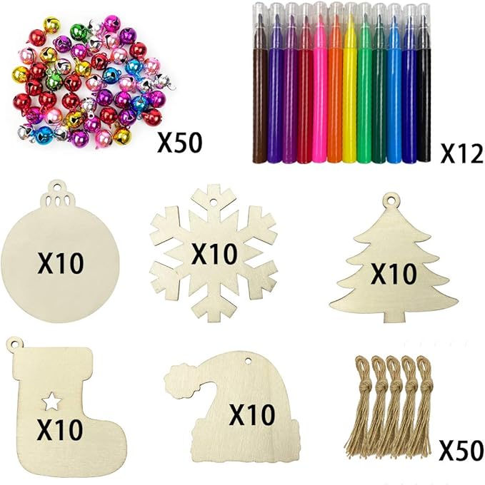 Anditoy 50 PCS Christmas Wooden Hanging Ornaments Unfinished Wood Slices Christmas Crafts for Kids DIY Christmas Decorations Party Supplies Favors