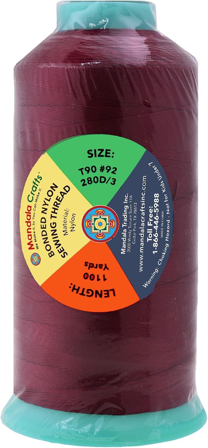 Mandala Crafts Size 92 280D T90 Bonded Nylon Thread - Wine 1100 YDs Tex 90 Heavy Duty Sewing Threads for Leather, Jeans, Weaving, Outdoor Marine Upholstery