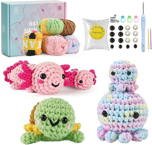 Crochet Kit for Beginners, 5 Pack Amigurumi Beginner Crochet Kits Animals, Crochet Turtle Axolotl Octopus Crocheting Kit, Easy Knitting Kit for Beginners with Step-by-Step Video Craft Kits for Adults