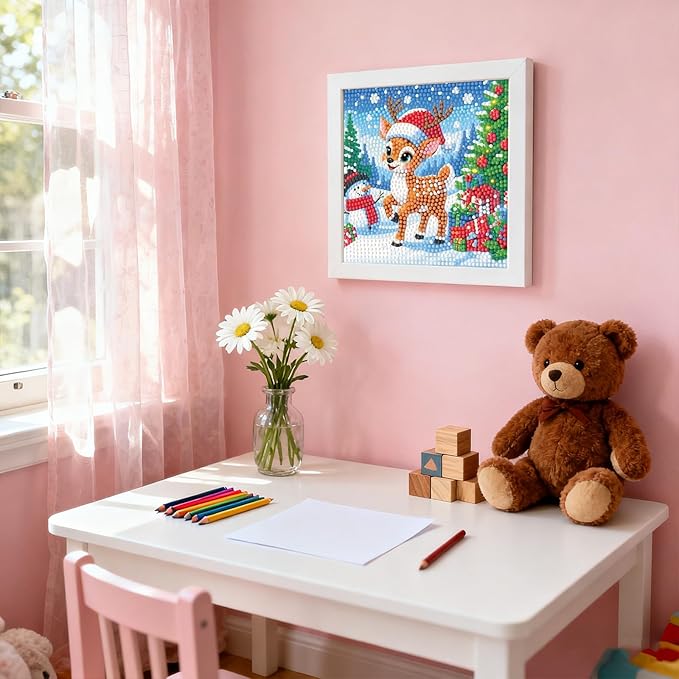 PERFECTSIGHT Cute 5D Diamond Art Kits with Wooden Frame, Kawaii DIY Painting Art for Adults Teen, Diamond Arts and Crafts Sets, Big Gem Full Drill Diamond Dots for Women Beginners (Deer)