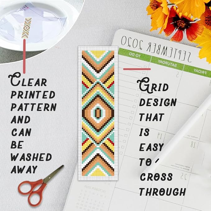 BEUNITONE Cross Stitch Bookmarks Kit 6 Pcs Geometric Pattern DIY Bookmarks Cross Stitch Kits for Beginners Boho Floral Fabric Bookmark Kit Traditional Decorative Counted Knitting Kit 8''x2.4''