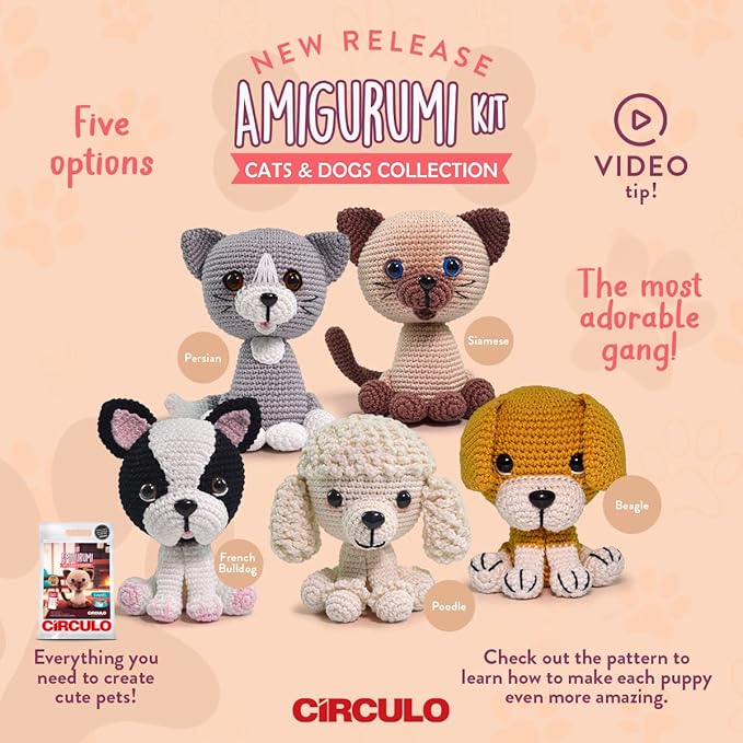 CÍRCULO Amigurumi Crochet Kit - Cats & Dogs - All Included, Easy Instructions - Crochet Kit for Intermediate - Crochet Set - Animal Crochet Kit, Premium Amigurumi Yarn for Crocheting – Persian