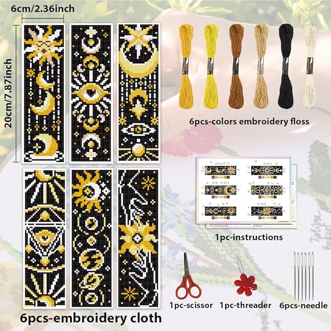 ACRNIGHEET 6PCS Cross Stitch Bookmark Kit for Beginner Sun and Moon Pattern Stamped Cross Stitch Kits for Adults Crossstitch Kits Adult Bookmarks with Instructions Hand Embroidery Craft Gift 11CT
