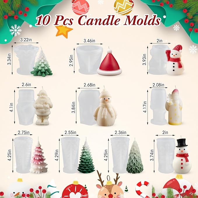 LemonRoad 10 Pcs Christmas Candle Mold Set Candle Silicone Molds Christmas Trees Santa Claus Xmas Hat Snowman Pine Shaped for Resin Soap Craft Cake Chocolate Making Kit Holiday Gift Decoration