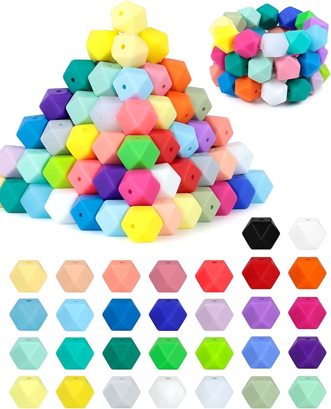 90PCS FIVEIZERO Hexagon Silicone Beads,30 Colors 14mm Silicone Beads for Keychain Making Kit,Lanyard Making,Keychains,Valentine's Day Bracelet,Craft Projects and DIY for Adult